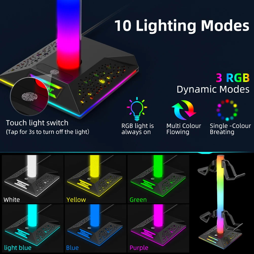 RGB Game Controller Stand 10 Lighting Effects Headphone Holder Display Rack with 2 USB Charging Headset Gamepad Stand for PS5