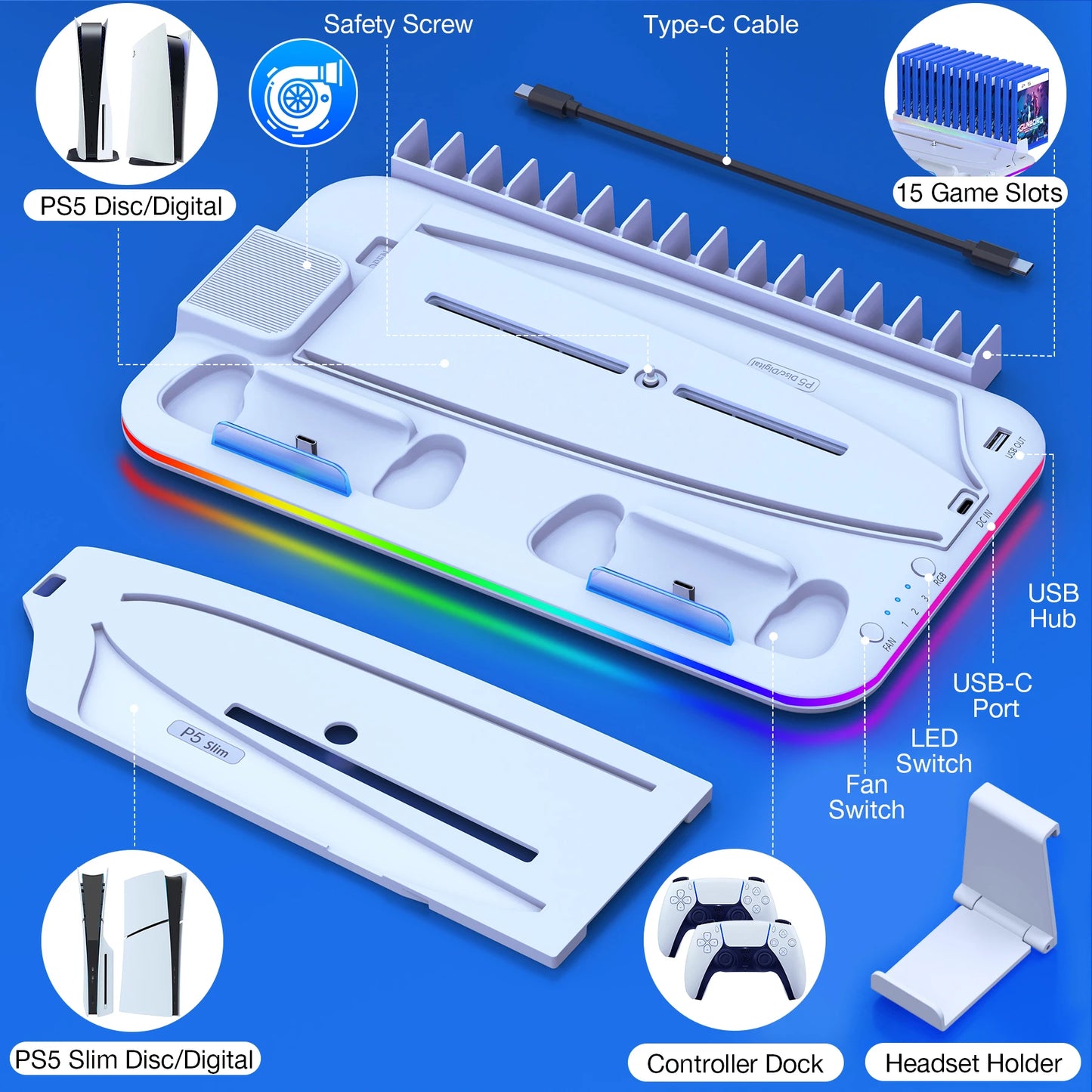 For PS5 Slim Cooling Stand with RGB Light Fan for PS5 Console Disc&Digital Editions PS5 Controller Dual Controller Charging Dock