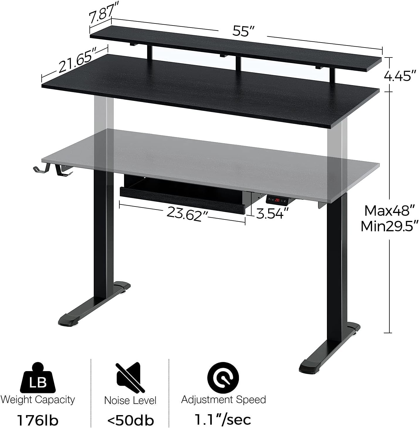 Height Adjustable Standing Desk, 55 Inches Electric Stand up Table with Keyboard Tray and Monitor Shelf, Dual Motor Ergonomic Workstation with Double Headphone Hooks, Black