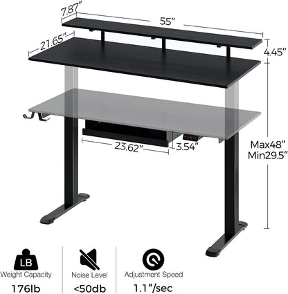 Height Adjustable Standing Desk, 55 Inches Electric Stand up Table with Keyboard Tray and Monitor Shelf, Dual Motor Ergonomic Workstation with Double Headphone Hooks, Black