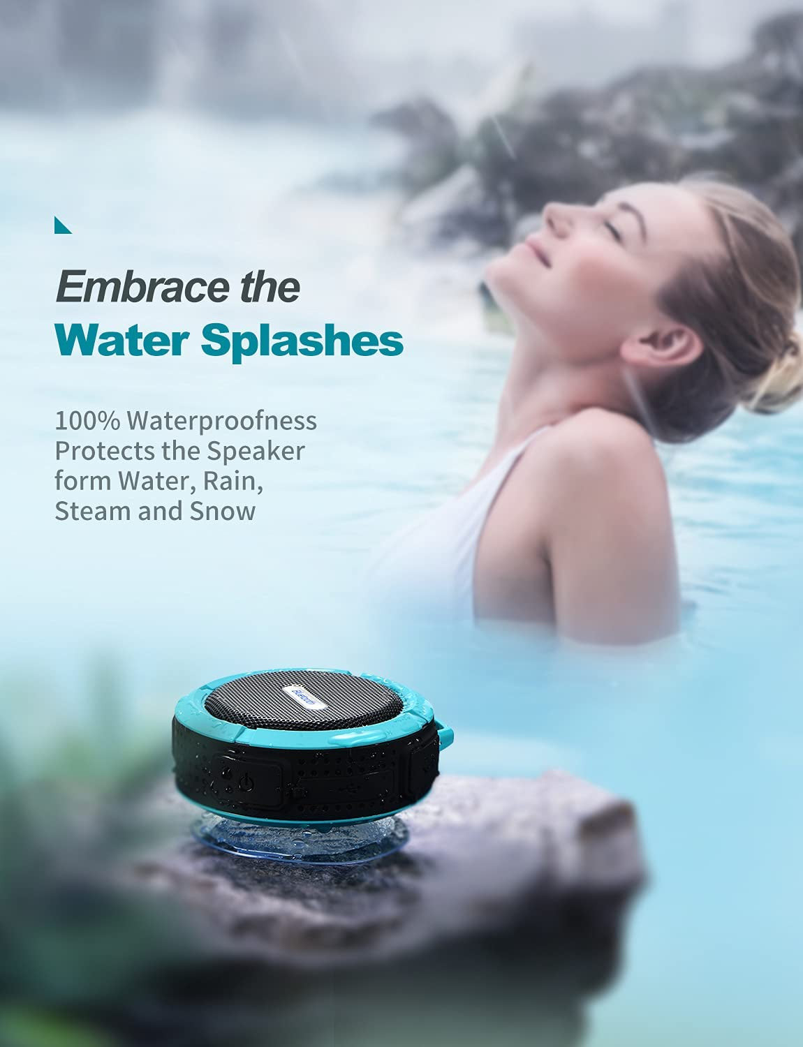 Bluetooth Speakers Waterproof, Shower Speakers Bluetooth Wireless Loud Clear Sound, Waterproof Speakers with Microphones and Suction Cup & Secure Hook for Gift, Pool, Beach, Boat, Party (Blue)