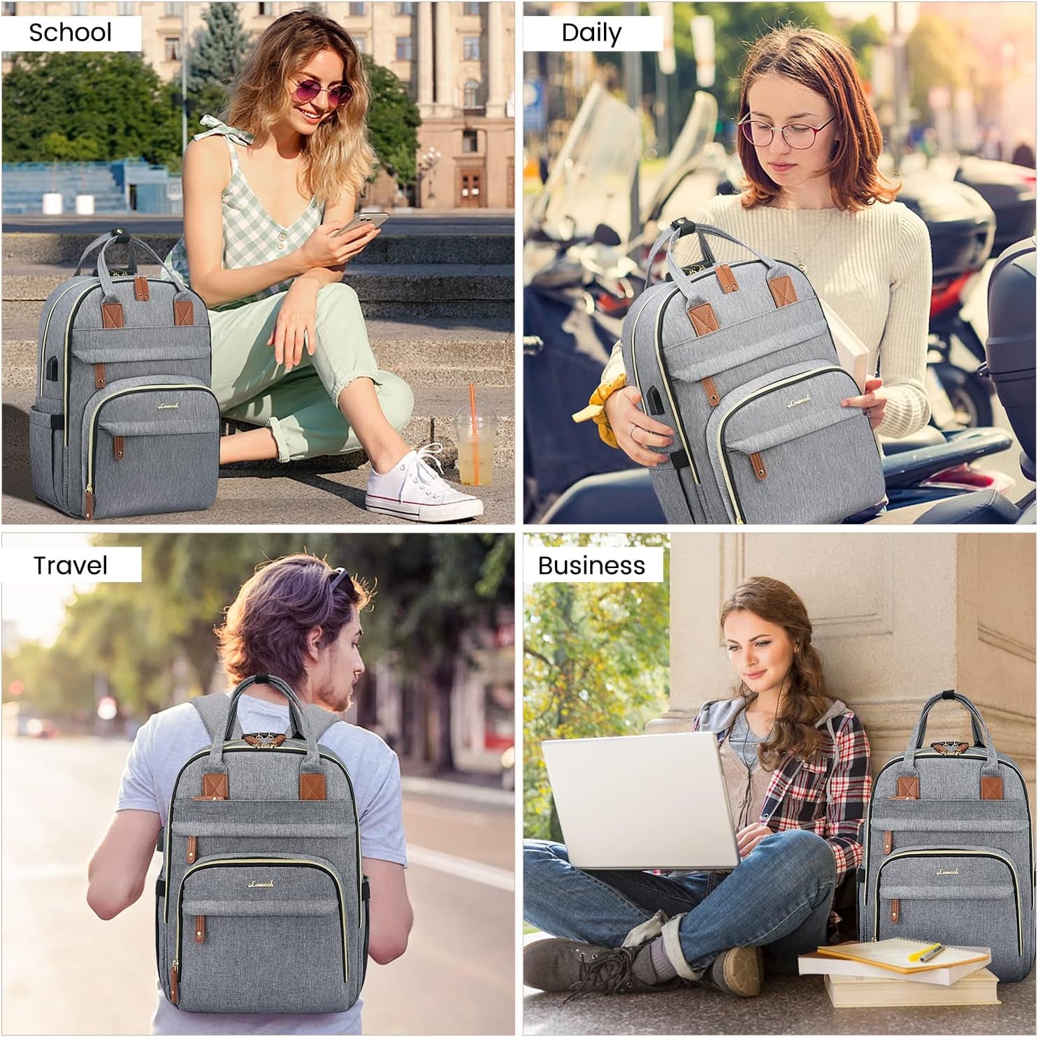 Laptop Backpack for Women & Men, Unisex Travel Anti-Theft Work Bag, Business Computer College Backpacks Purse, Casual Hiking Outdoor Carry on Daypack with Lock, Fits 15.6 Inch Laptop, Grey