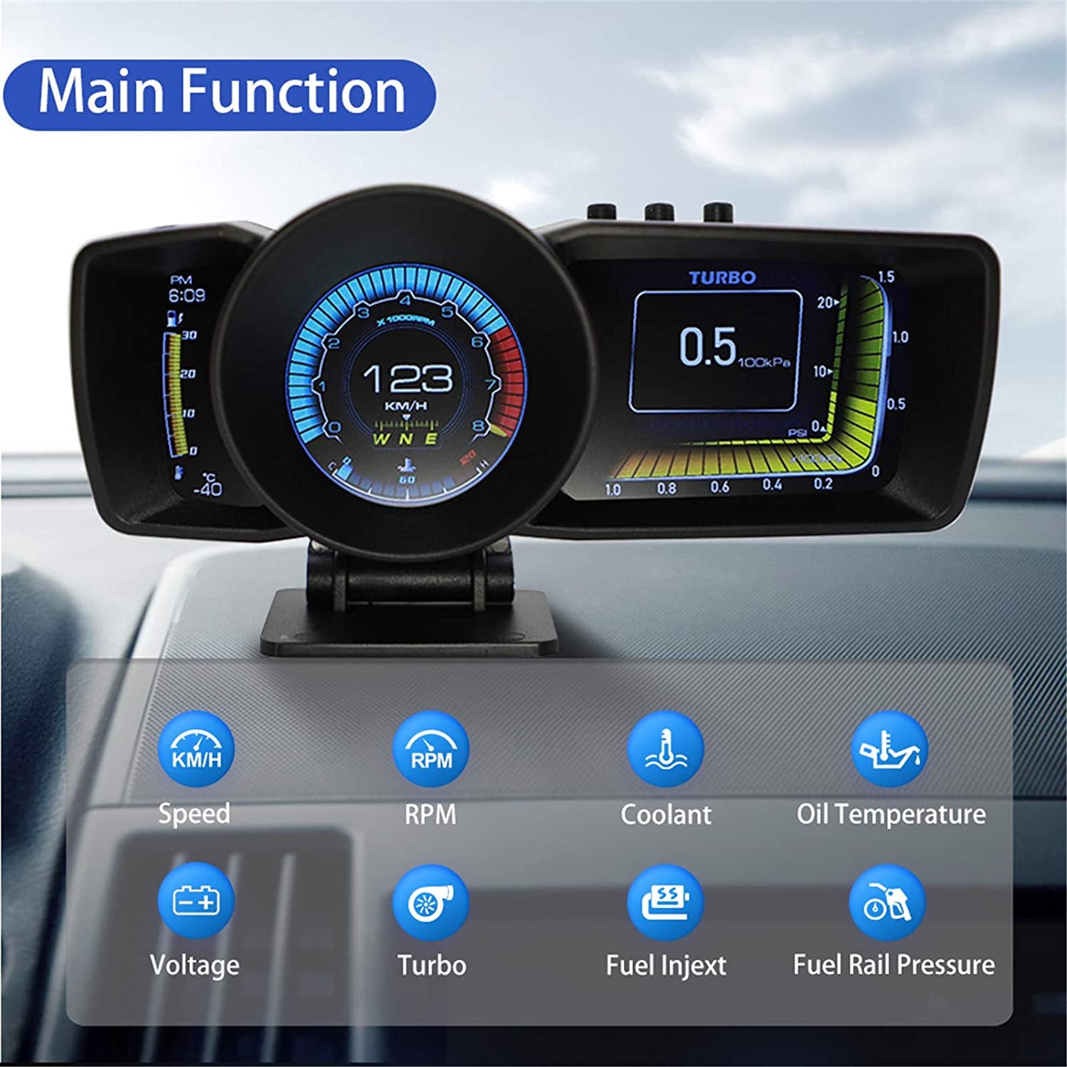 Car HUD OBD2 Head up Display Dashboard HUD Display Multi-Function Gauge with OBD2 + GPS Dual System, Dashboard Speedometer Gauge Computer Turbo Boost A600 HUD OBD2 Gauge Display for All Cars