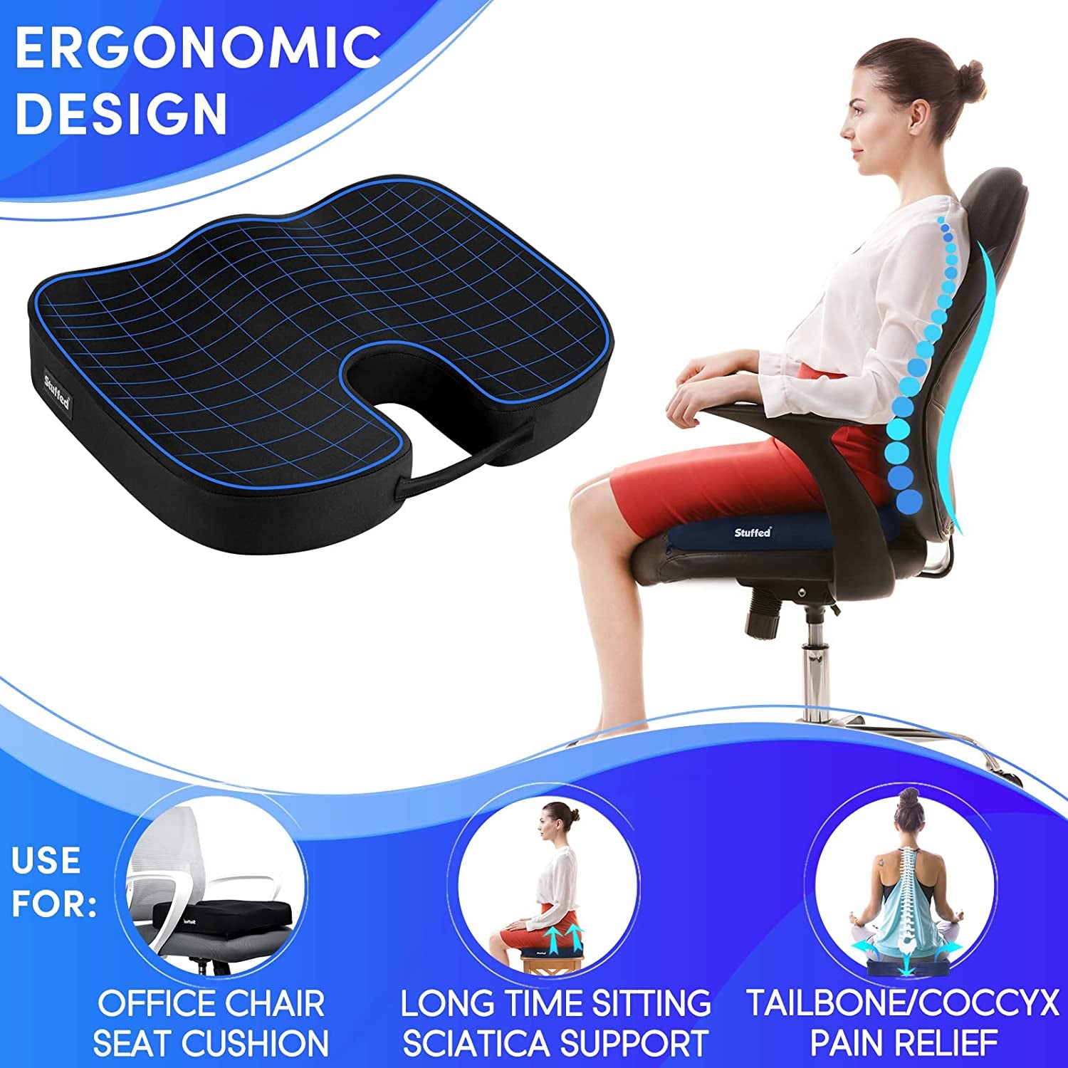 Seat Cushion for Office Chair, Desk Chair Cushion for Long Sitting, Ergonomic Butt Cushion for Desk Chair, Gel Office Chair Seat Cushion, Memory Foam Butt Support for Chair