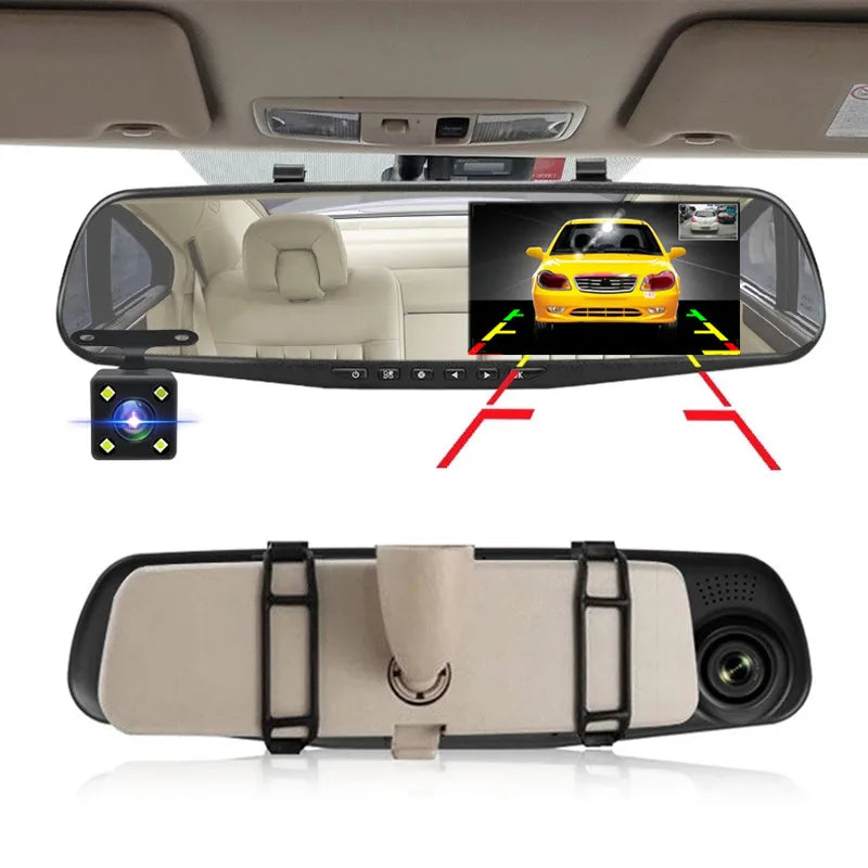 4.3 Inch Driving Recorder Car DVR Rearview Mirror Dual Lens Car Recorder 1080P IPS Front and Rear Camera Registrar Black Box New