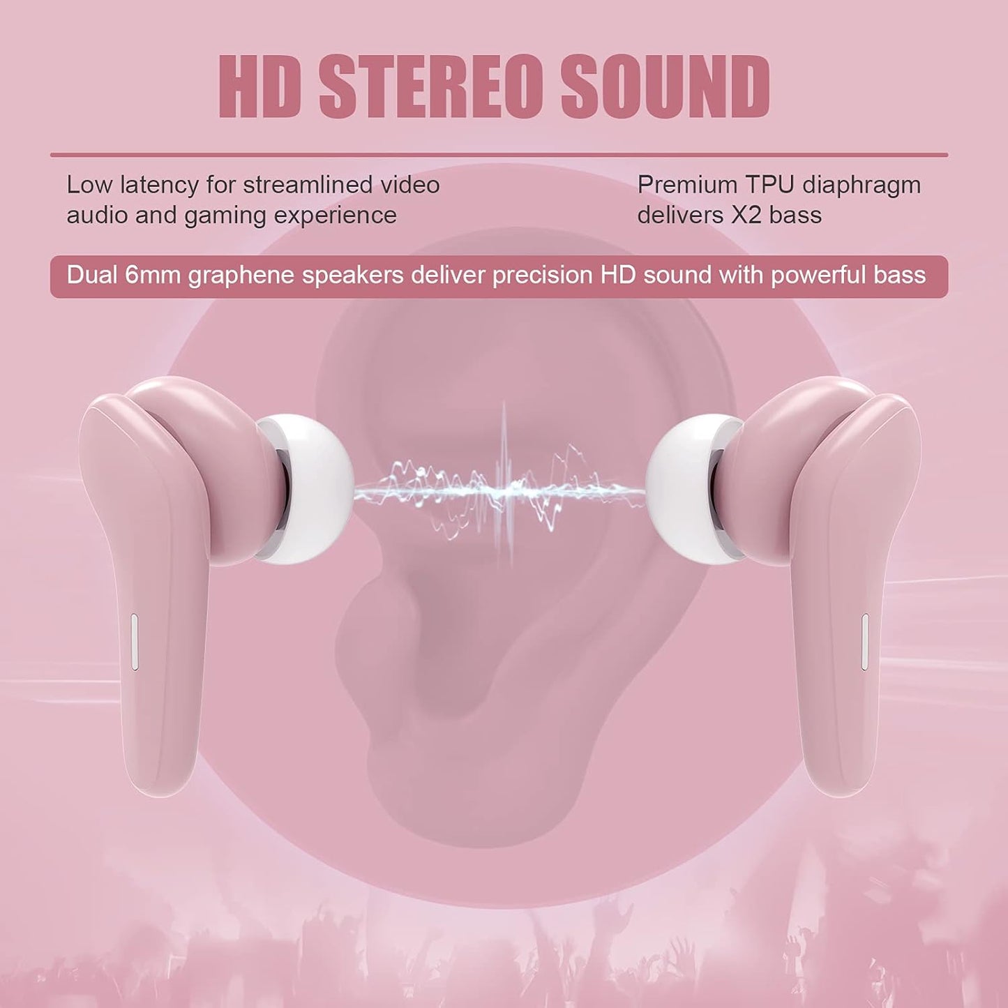 Bluetooth 5.0 Wireless Earbuds, True Wireless Stereo Waterproof Headphones, Deep Bass in Ear Sport Earphones with 24Hr Playtime, Built in Mic Headsets Smart Touch Control [Pink]