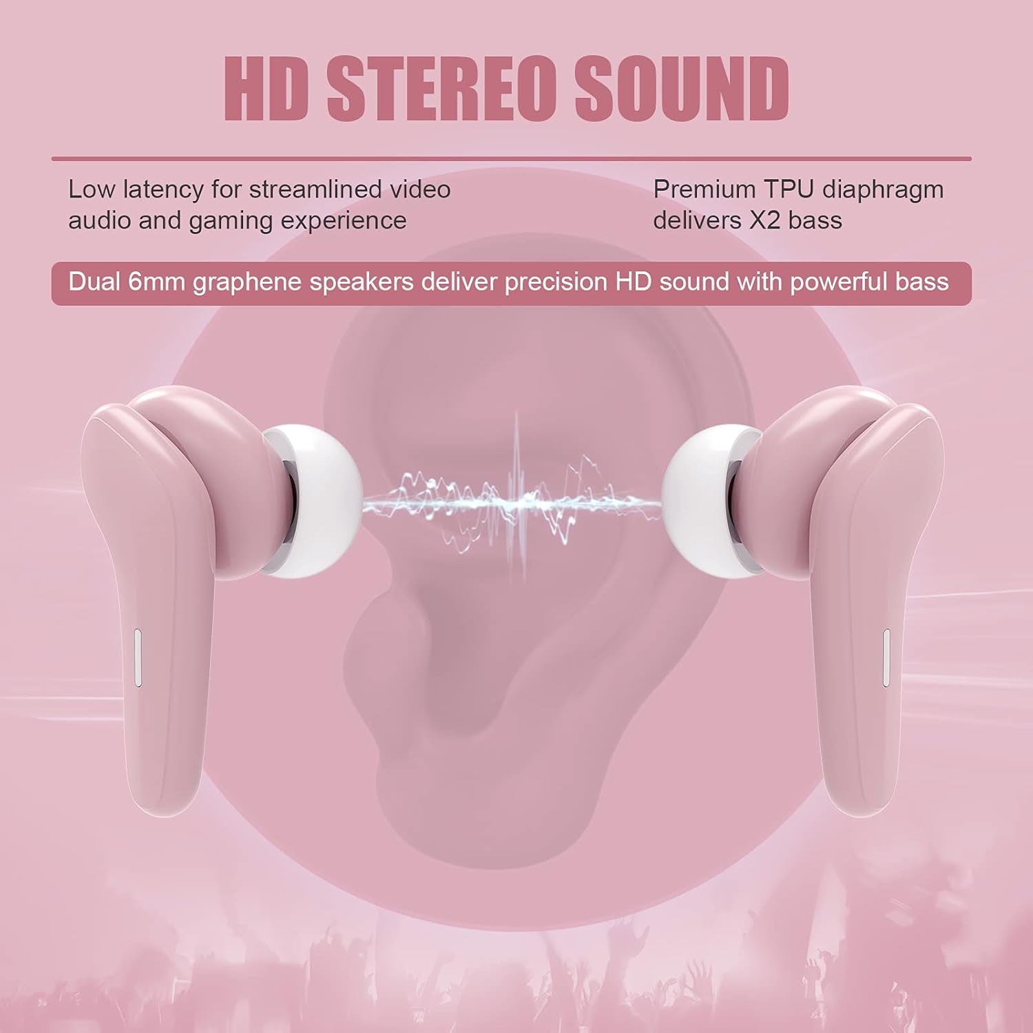 Bluetooth 5.0 Wireless Earbuds, True Wireless Stereo Waterproof Headphones, Deep Bass in Ear Sport Earphones with 24Hr Playtime, Built in Mic Headsets Smart Touch Control [Pink]