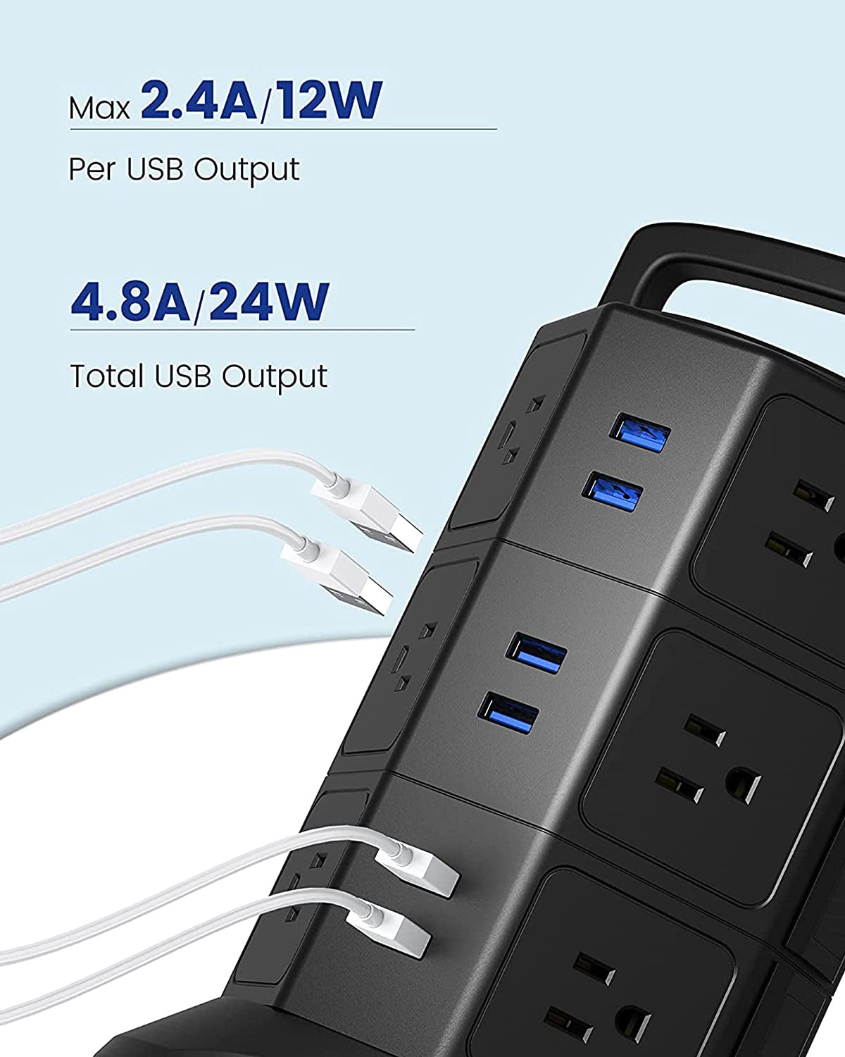 Power Strip Tower Surge Protector,  1625W 13A Outlet Surge Electric Tower, 12 Outlets 6 USB Ports Charging Station with 16AWG 6.5Ft Heavy Duty Extension Cord for Home Office Dorm Black