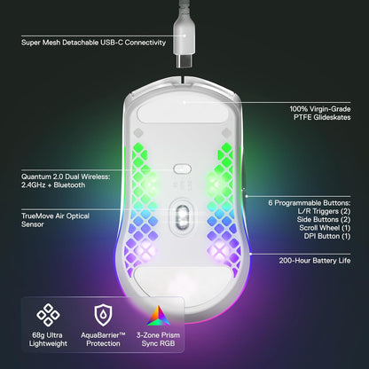 Aerox 3 Wireless - Holey RGB Gaming Mouse - Ultra-Lightweight Water Resistant Design - 18K DPI Truemove Air Optical Sensor -Snow