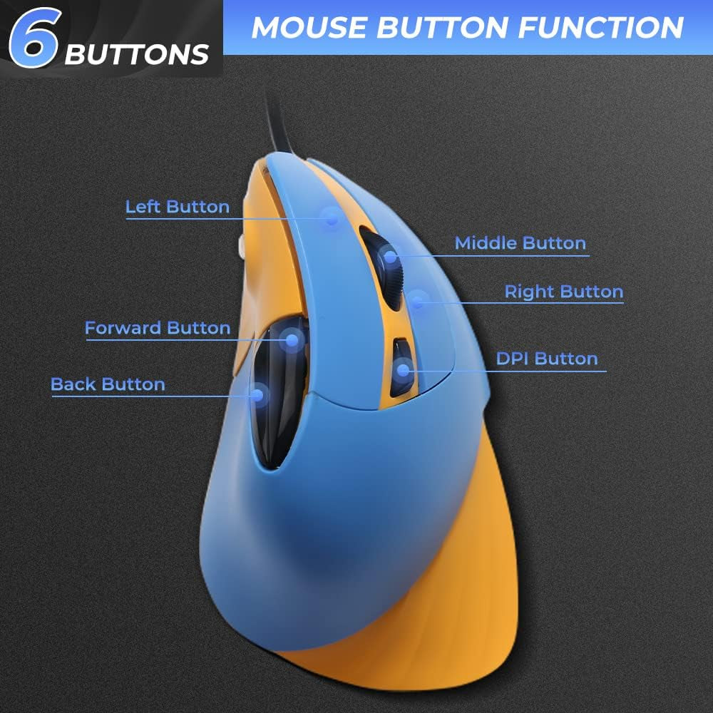 Vertical Ergonomic 89G Lightweight Optical Mouse, Wired RGB Gaming Mouse Reduce Wrist/Hand Strain, 1000/1600/3200/6400 DPI, 6 Buttons for Laptop, Desktop, PC, Mac (Blue&Yellow)