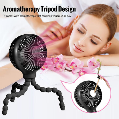 Stroller Fan Upgraded Portable Fan Versatile Fan Personal Desk Fan USB Rechargeable Fan with LED Light and Aromatherapy Flexible Tripod Design Handheld Fan 3 Speeds Baby Fan for Stroller（Black