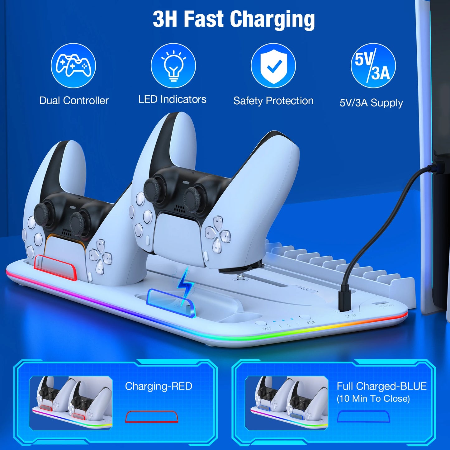 For PS5 Slim Cooling Stand with RGB Light Fan for PS5 Console Disc&Digital Editions PS5 Controller Dual Controller Charging Dock