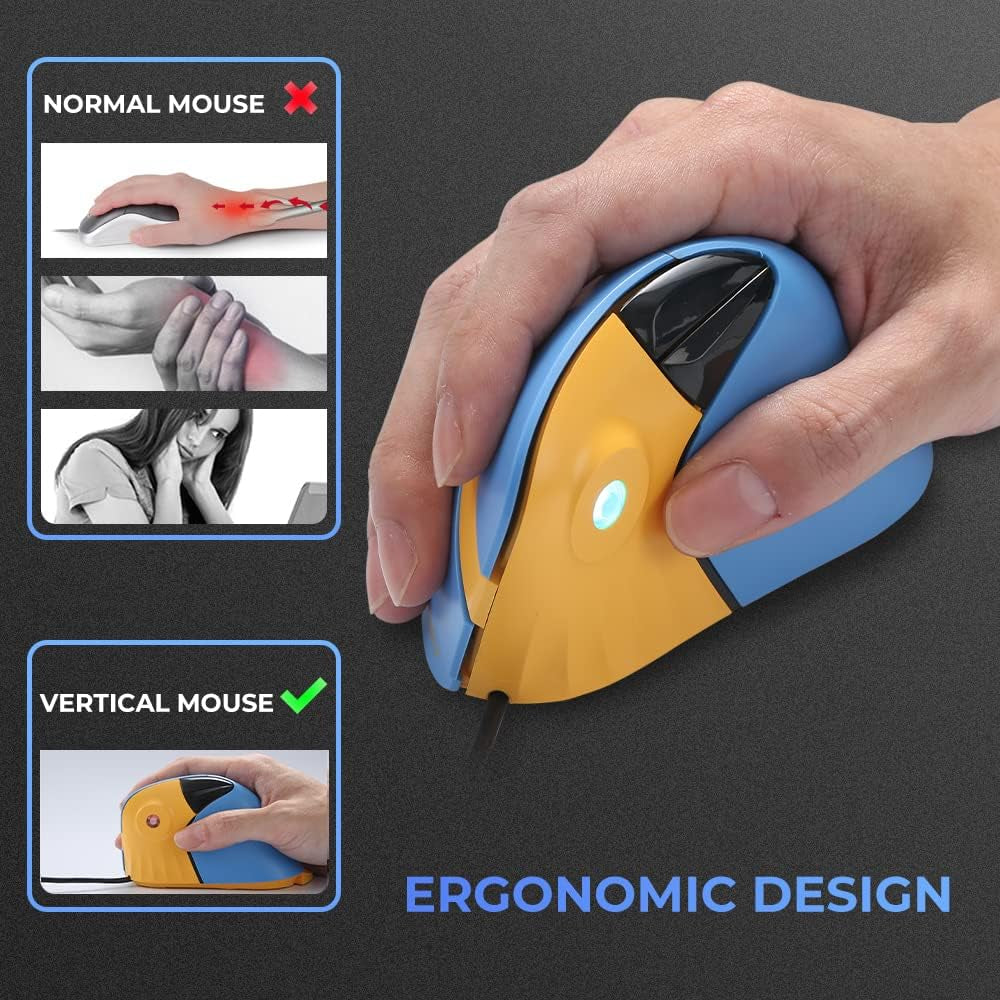 Vertical Ergonomic 89G Lightweight Optical Mouse, Wired RGB Gaming Mouse Reduce Wrist/Hand Strain, 1000/1600/3200/6400 DPI, 6 Buttons for Laptop, Desktop, PC, Mac (Blue&Yellow)