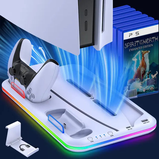 For PS5 Slim Cooling Stand with RGB Light Fan for PS5 Console Disc&Digital Editions PS5 Controller Dual Controller Charging Dock