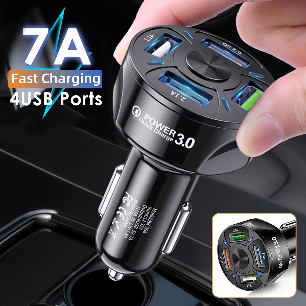 4-Port USB Car Charger, QC3.0 Fast Charging 4 USB Car Charger Adapter 7A Smart Shunt Car Phone Charger with Light, Suitable for Iphone & Android,Samsung Galaxy S10 S9 Plus