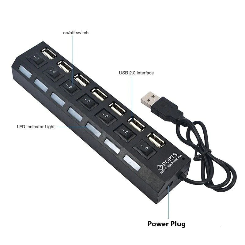 7 Port USB 2.0 / 3.0 Hub Splitter Adapter High Speed for PC Laptop Mac Desktop