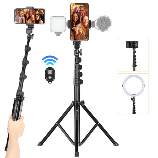 65.3" Phone Tripod Stand Mobile Selfie Tripod Stick with Remote Bluetooth Phone Clamp Travel Lightweight Smartphone Tripod Stand for Cell Phone Compact Camera Ring Light Video Recording Filming