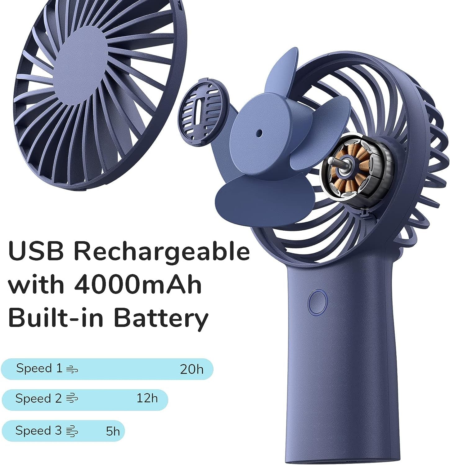 Handheld Portable [20H Max Cooling Time] Mini Hand Fan, 4000Mah USB Rechargeable Personal Fan, Battery Operated Small Fan with 3 Speeds for Travel/Commute/Makeup/Office-Blue