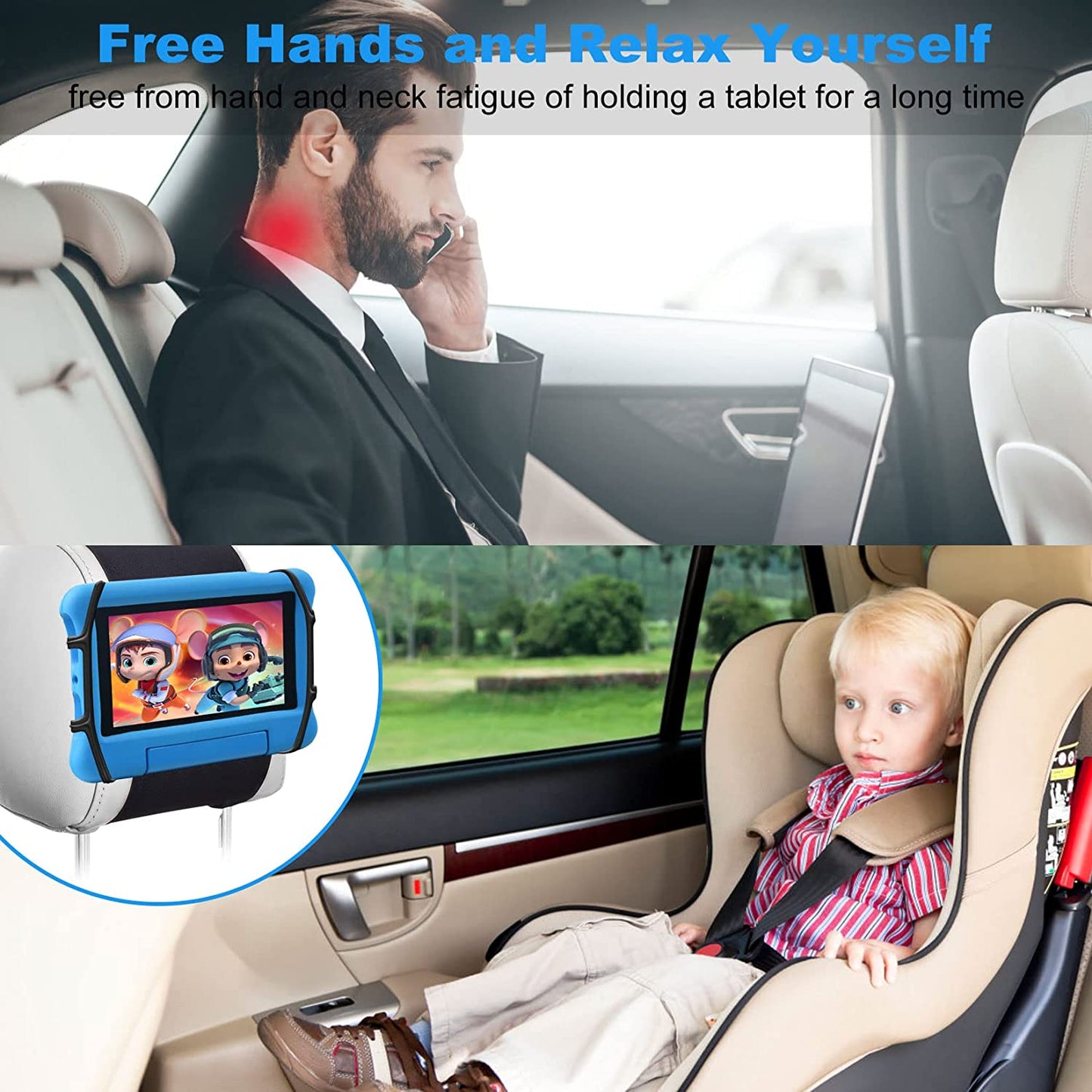 Anaoer Car Headrest Mount Silicon Holder, 2 Pack Universal Tablet Holder for Kids in Back Seats, Car Mount Angle-Adjustable Car Headrest Holder Fits All 7-12.9 Inch Tablets/Game Machines