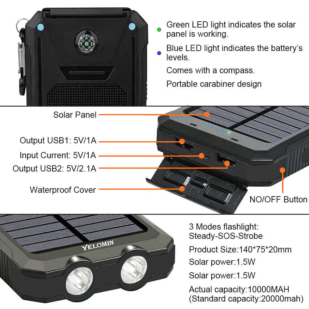 2023 Super USB Portable Charger Solar Power Bank for Cell Phone