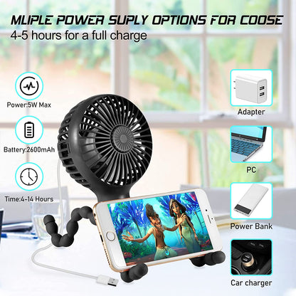 Stroller Fan Upgraded Portable Fan Versatile Fan Personal Desk Fan USB Rechargeable Fan with LED Light and Aromatherapy Flexible Tripod Design Handheld Fan 3 Speeds Baby Fan for Stroller（Black