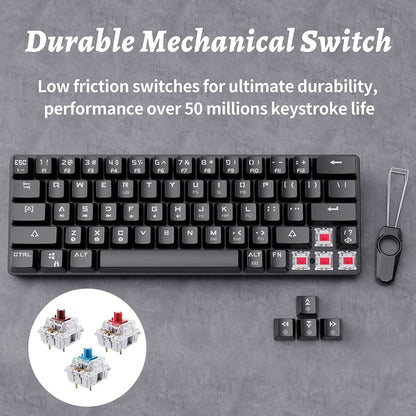 DK63 60% Wireless Mechanical Keyboard, RGB Backlit Bluetooth Gaming Keyboard Wired Dedicated Arrow Keys, Compact 63 Keys Mini Keyboard, Full Keys Programmable - Red Switch