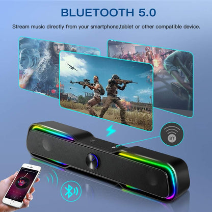 Computer Speakers RGB Gaming Speakers Bluetooth 5.0/AUX Modes,  10W PC Speakers for TV Laptop Desktop Phones Tablets, Wired Stereo Dual-Channel Sound Bar with Color Change LED Plug and Play