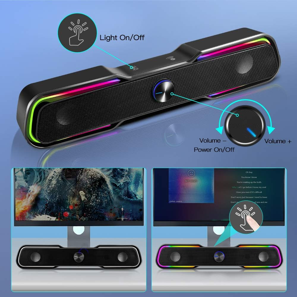 Computer Speakers RGB Gaming Speakers Bluetooth 5.0/AUX Modes,  10W PC Speakers for TV Laptop Desktop Phones Tablets, Wired Stereo Dual-Channel Sound Bar with Color Change LED Plug and Play