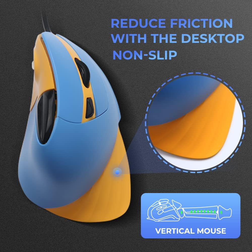 Vertical Ergonomic 89G Lightweight Optical Mouse, Wired RGB Gaming Mouse Reduce Wrist/Hand Strain, 1000/1600/3200/6400 DPI, 6 Buttons for Laptop, Desktop, PC, Mac (Blue&Yellow)