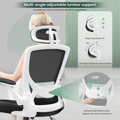 Ergonomic Office Chair, Breathable Mesh Desk Chair, Lumbar Support Computer Chair with Headrest and Flip-Up Arms, Swivel Task Chair, Adjustable Height Gaming Chair, White