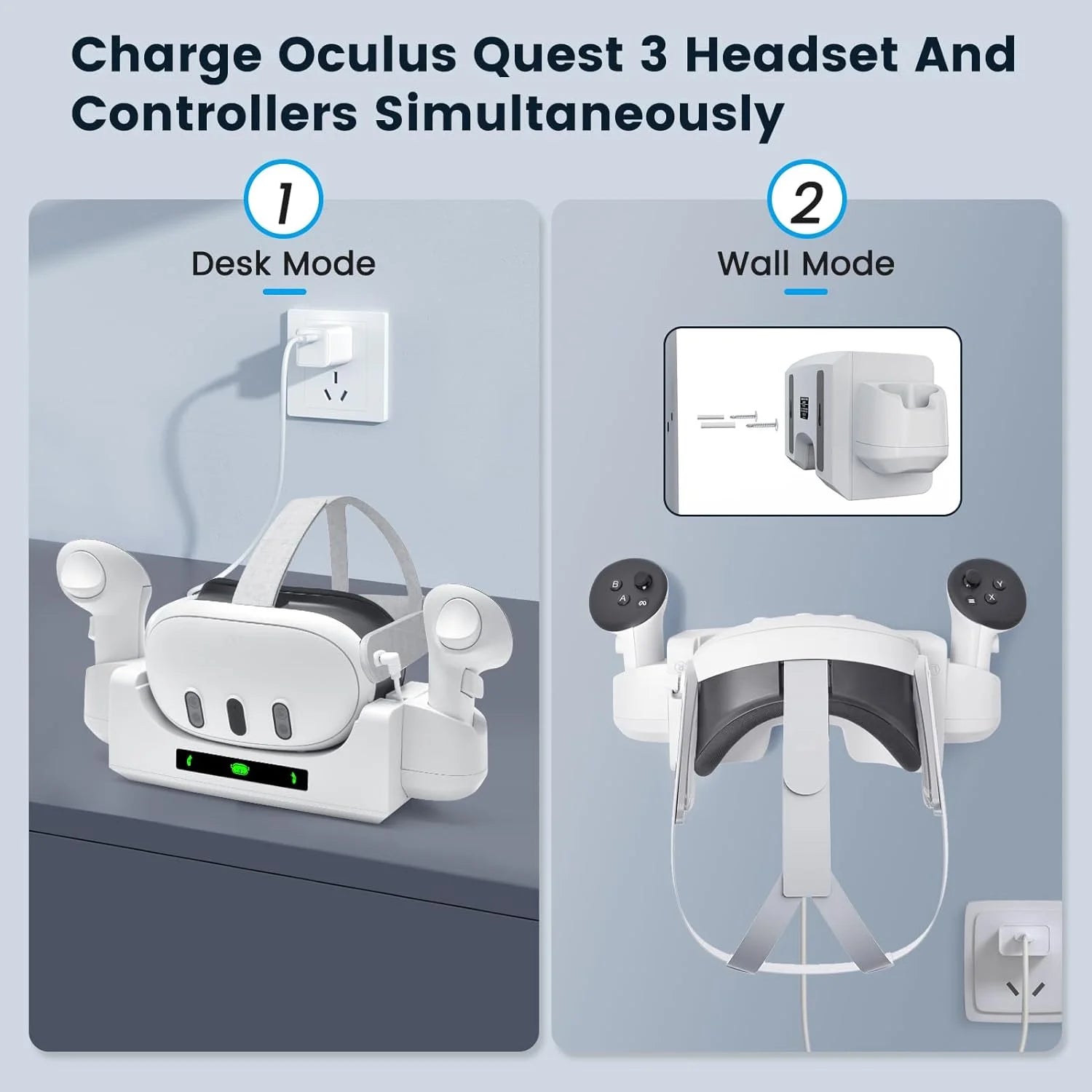 Charging Dock for Oculus/Meta Quest 3,Charging Stand for Meta Quest 3 Controller and Headset with 2 Rechergeable Batteries,Battery Cover|Wall Mount Charging Dock Station for Quest 3,Dual-Use